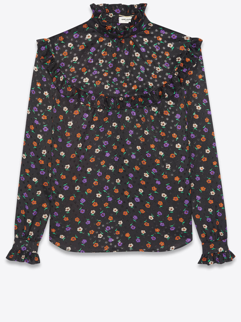 Saint Laurent Silk Blouse With Lamé Floral Print - NOIR MULTICOLOR