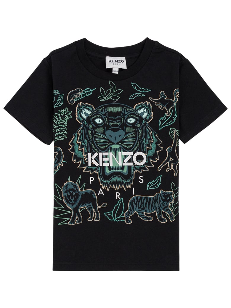 Kenzo Kids Black Cotton T-shirt With Tiger Print - Black