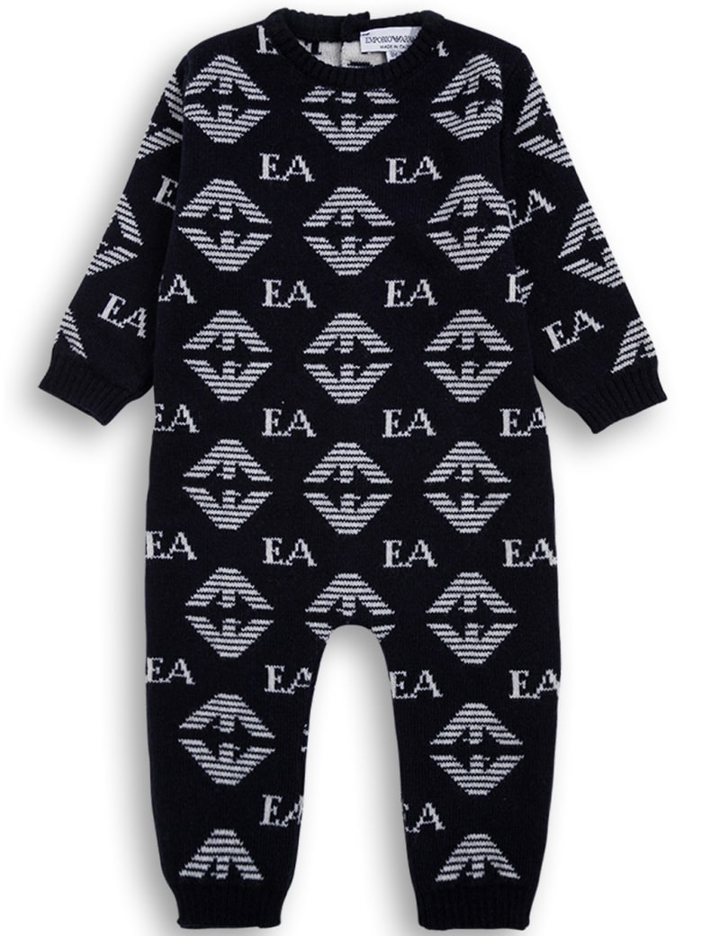 Emporio Armani Blue Wool And Silk Onesie With Allover Logo Print - Blu