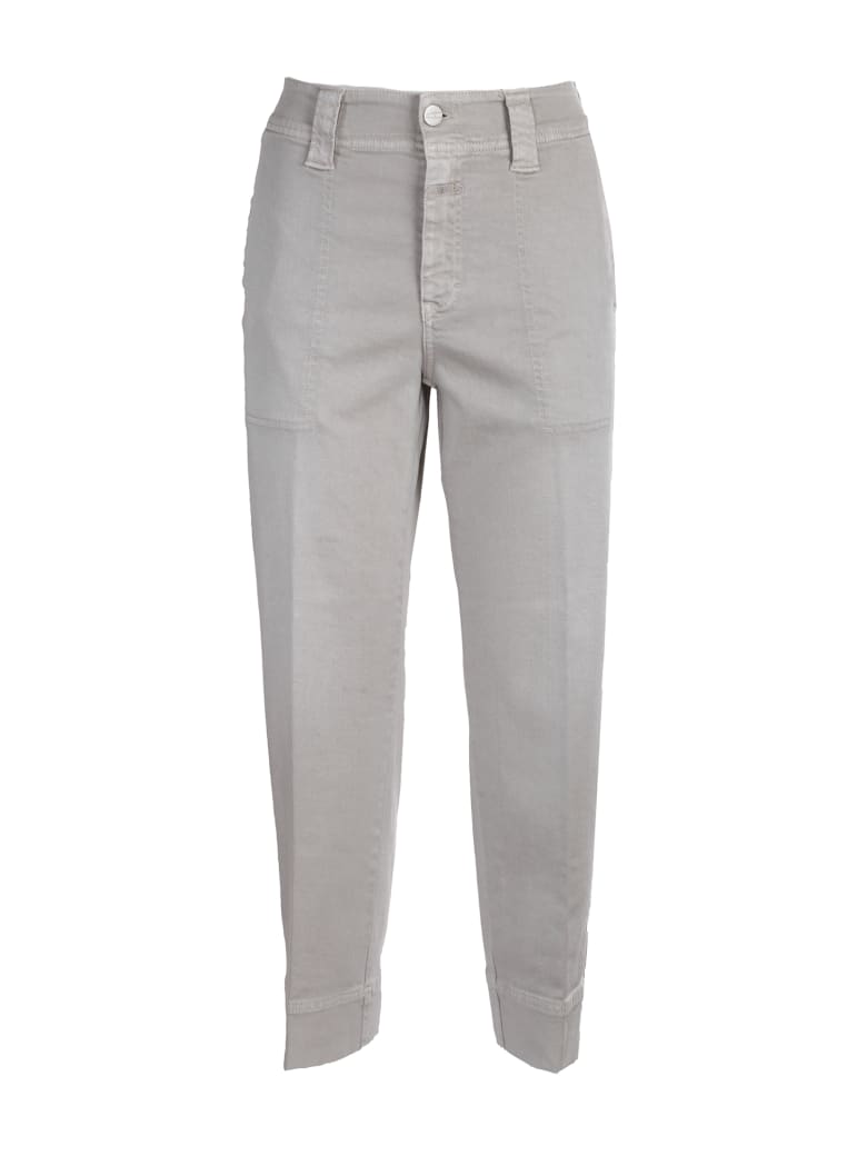 Closed Cotton Jeans. High Waist - Beige