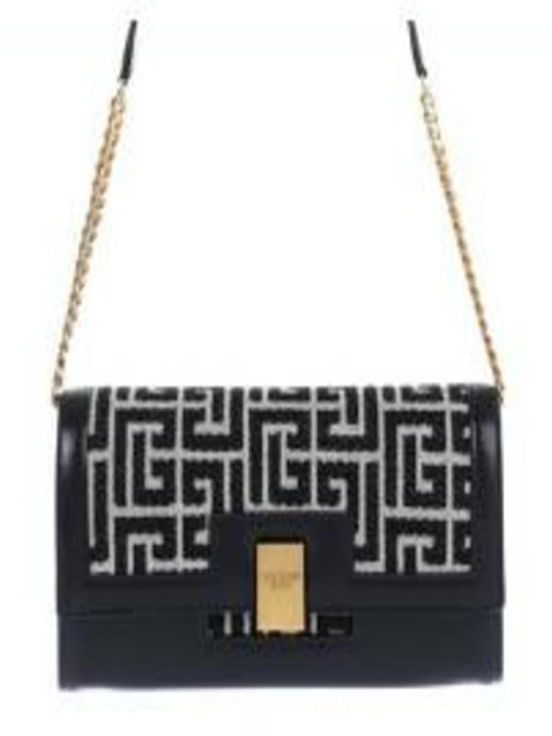 Balmain 1945 Chain Wallet In Blavck And Ivory Monogram Jacquard - Black