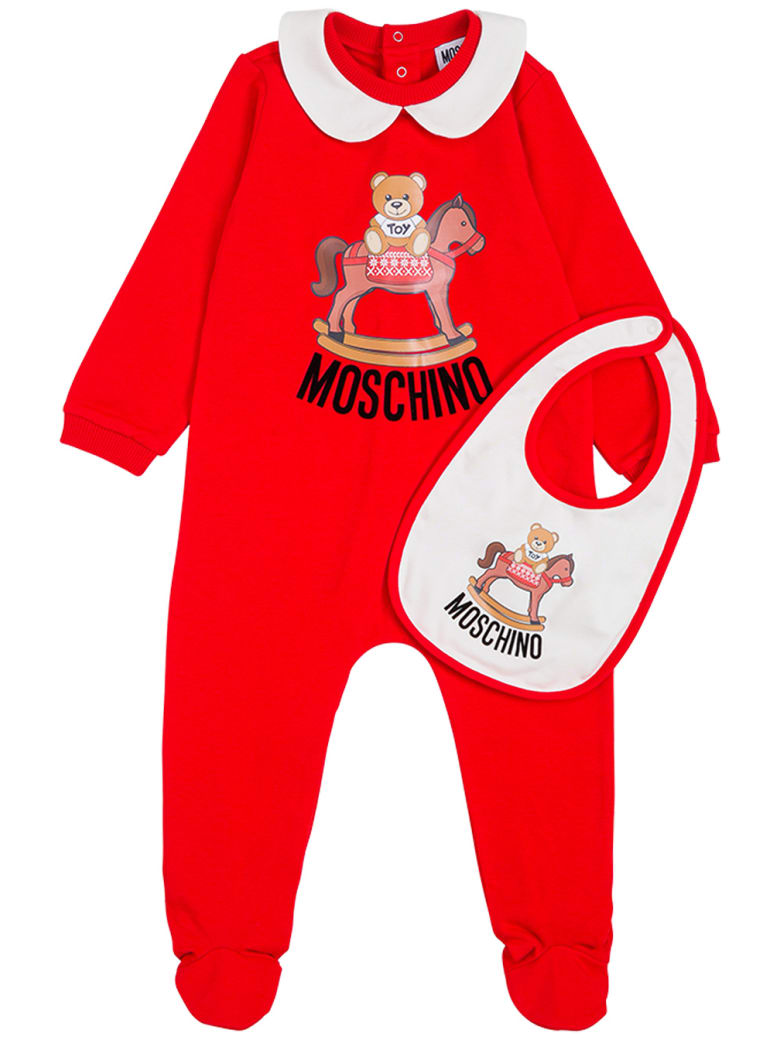 Moschino Red Cotton Romper And Bib Set With Teddy Bear Print - Red