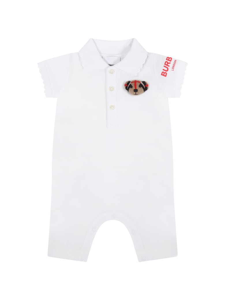 Burberry White Romper For Baby Girl With Thomas Bear - White