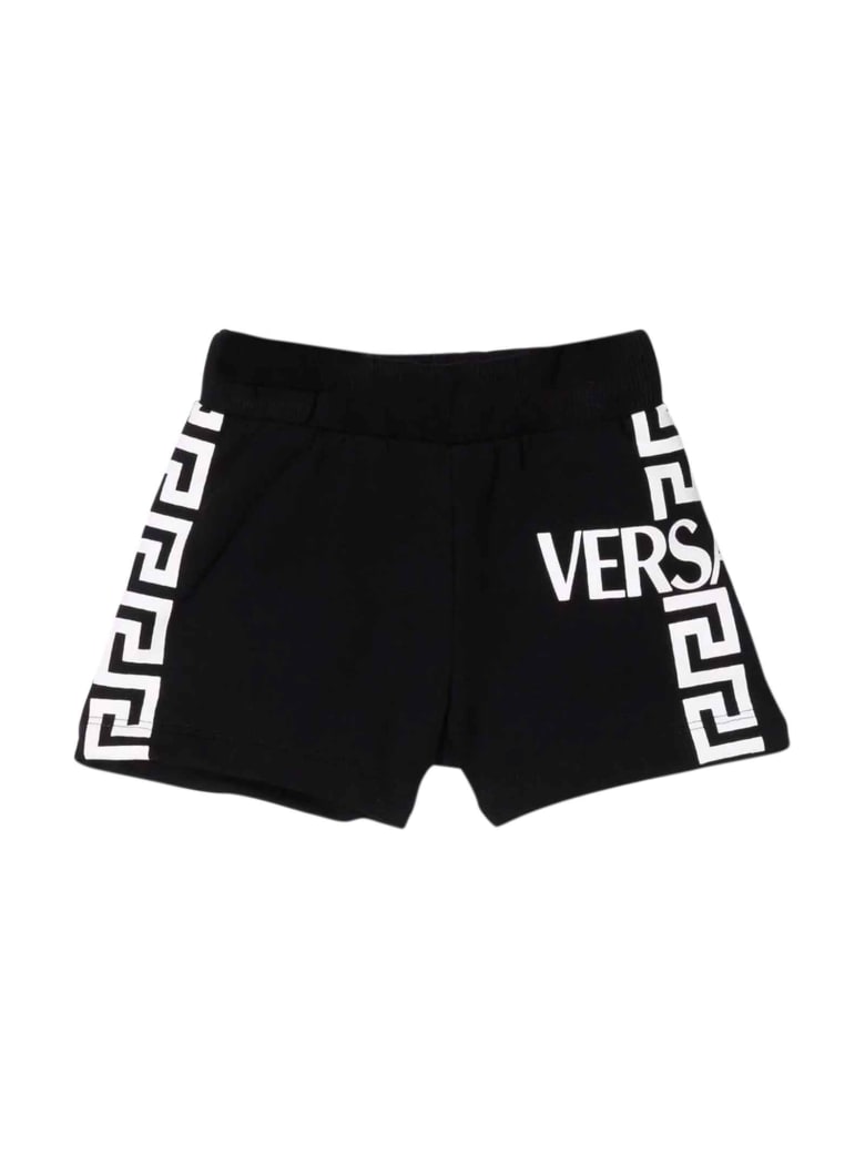 Versace Black Bermuda Shorts With White Greca Print And Logo Kids - Nero/bianco
