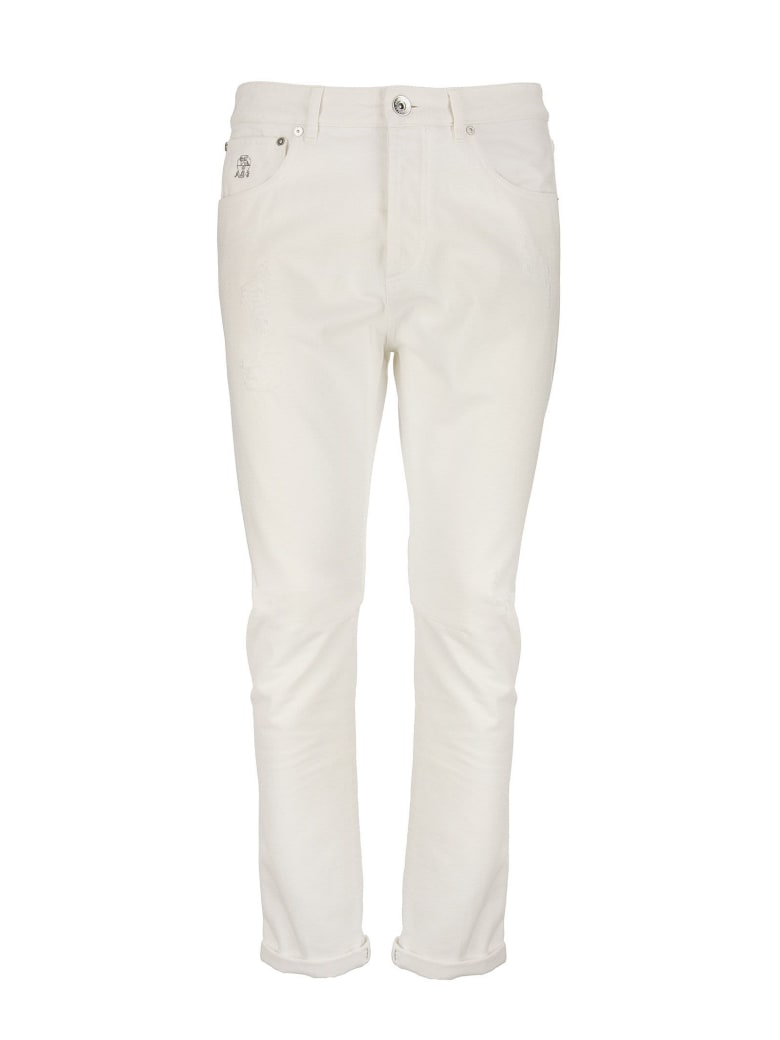 Brunello Cucinelli Garment-dyed Traditional Fit Five-pocket Trousers In Slubbed Cotton Denim - Snow