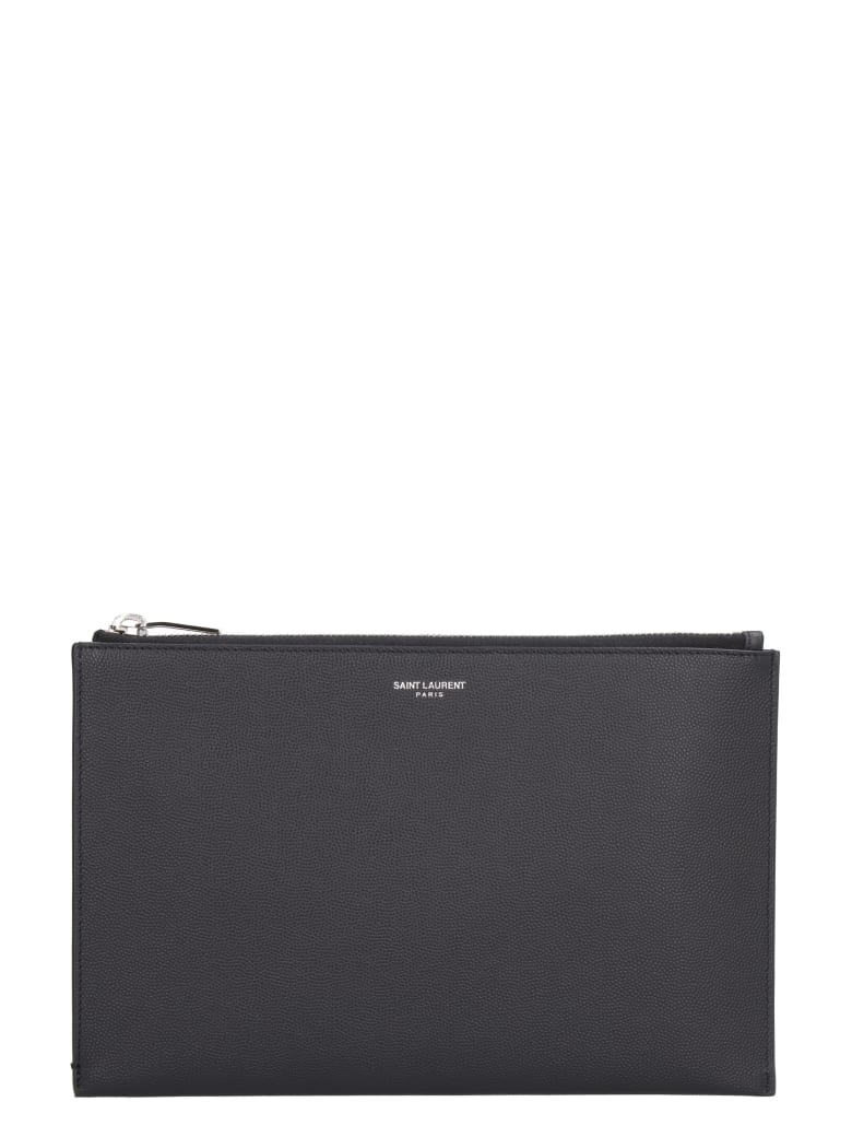 Saint Laurent Logo Detail Flat Leather Pouch - black