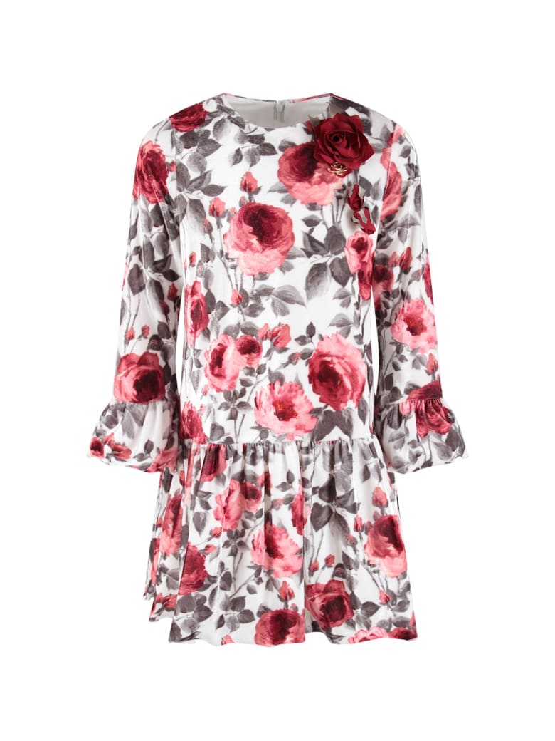 Blumarine White Dress For Baby Girl With Red Roses - White