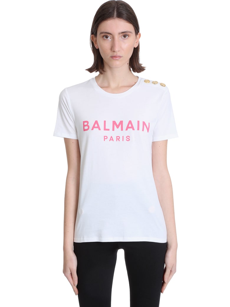 Balmain T-shirt In White Cotton - Blanc/rose