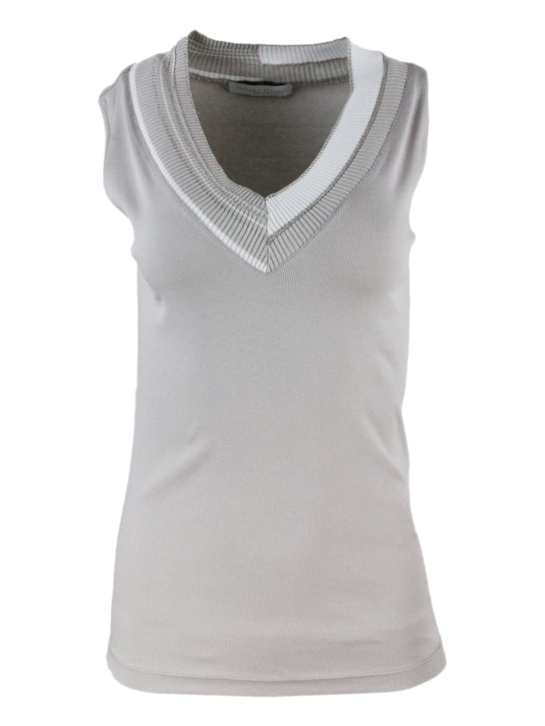Fabiana Filippi V-neck Sleeveless T-shirt With Monili - Beige