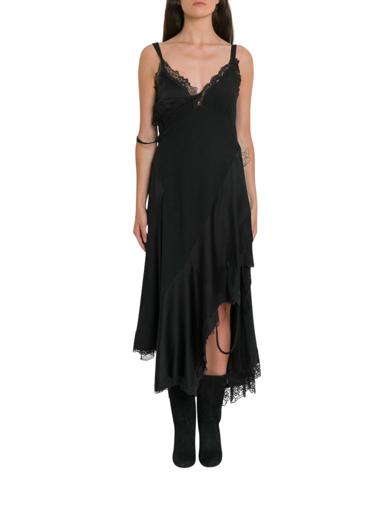 MONSE Asymmetric Lace Crepe Slip Dress - Black