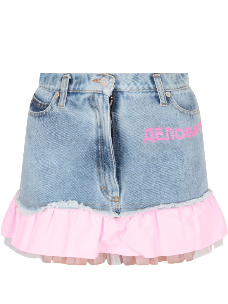 Natasha Zinko Light Blue Skirt For Girl With Noen Pink Writing - Denim