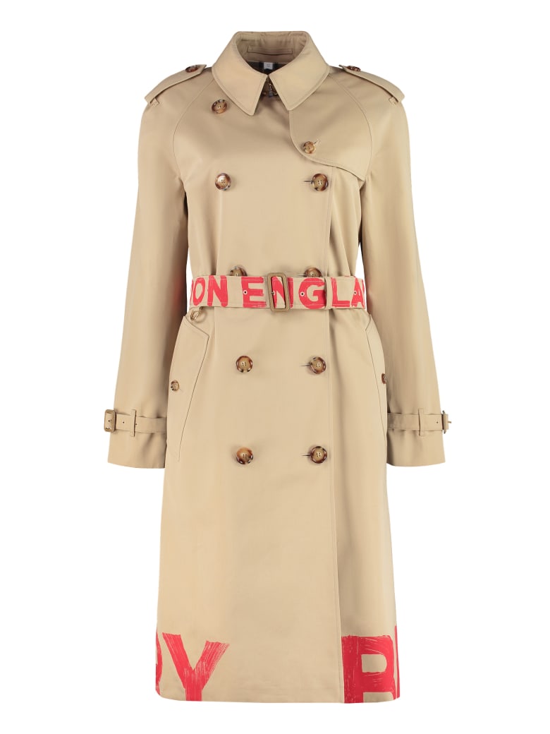 Burberry Logo Print Gabardine Trench Coat - Beige