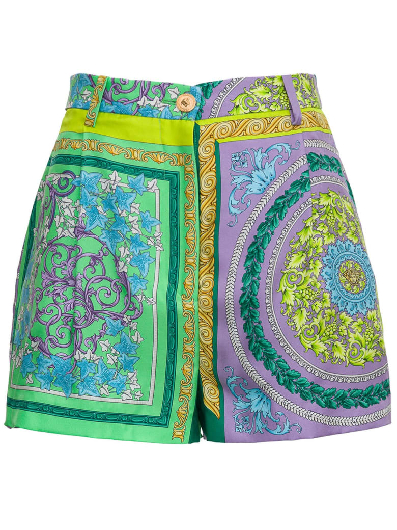 Versace Silk Shorts With Barocco Mosaic Print - Violet