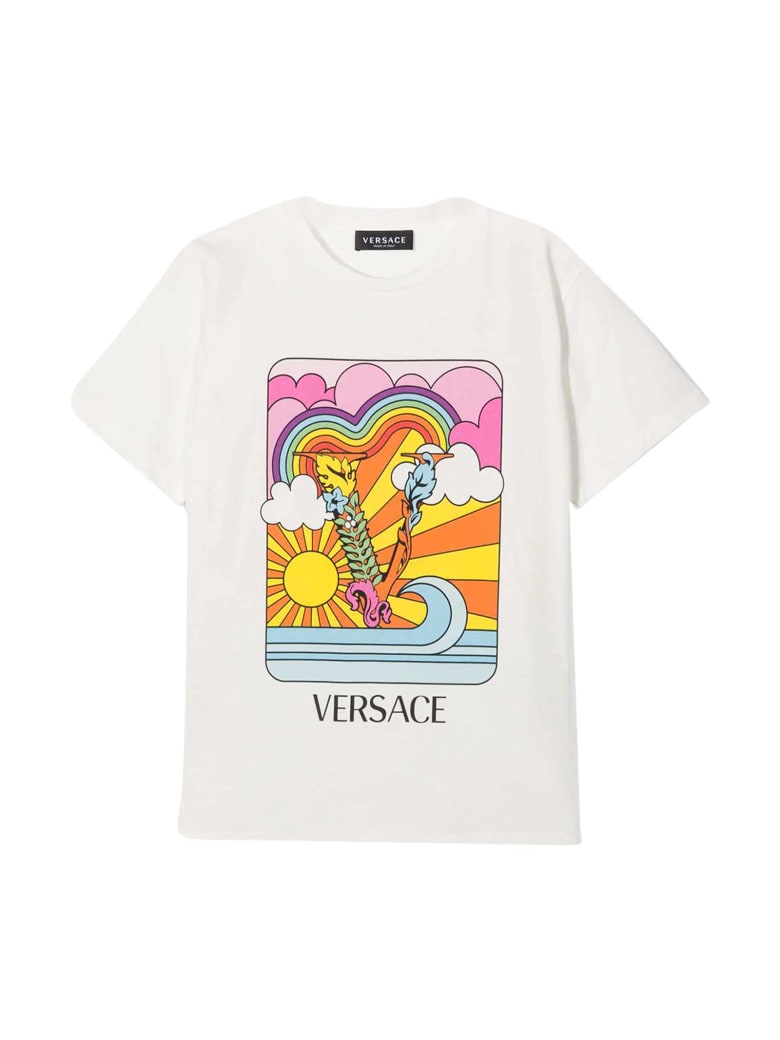 Young Versace White T-shirt With Multicolor Print - Multicolor