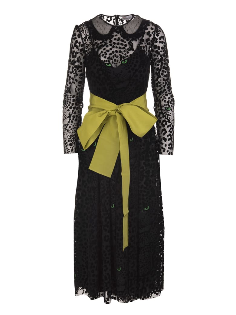 RED Valentino Long Dress In Black Tulle Flock With Leo Panther Motif - Nero/verde fluo