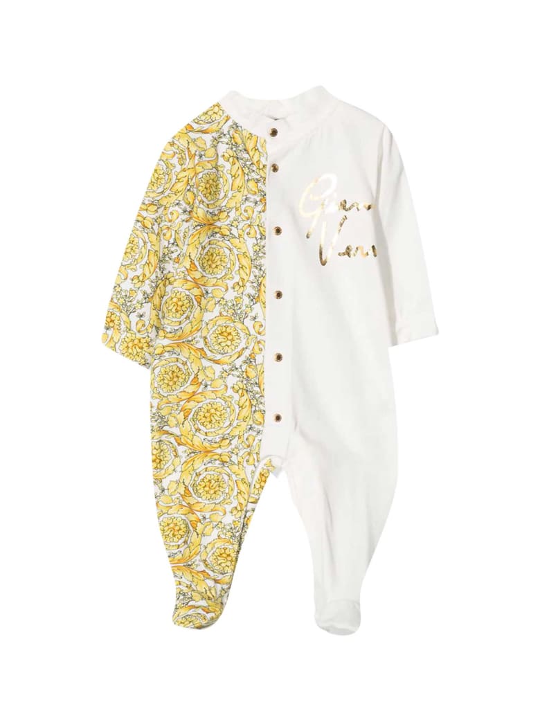 Young Versace White And Gold Romper With Baroque Print - Bianco/oro