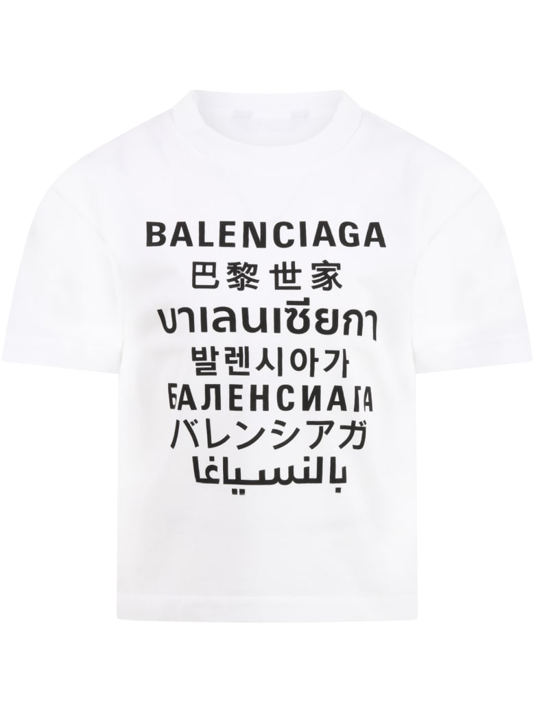 Balenciaga White T-shirt For Kids With Logos - White