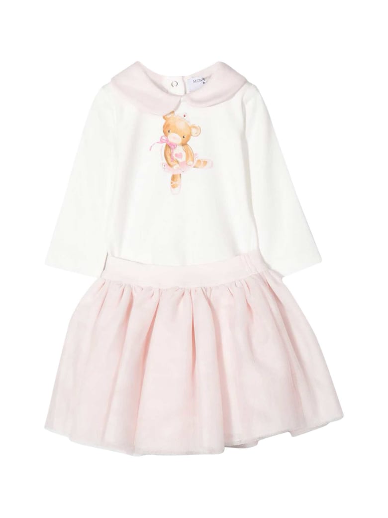 Monnalisa White And Pink Dress With Press - Rosa