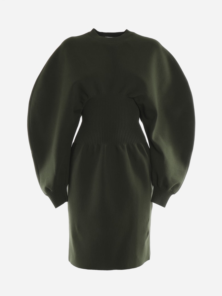 Bottega Veneta Stretch Wool Dress With Voluminous Sleeves - Verde