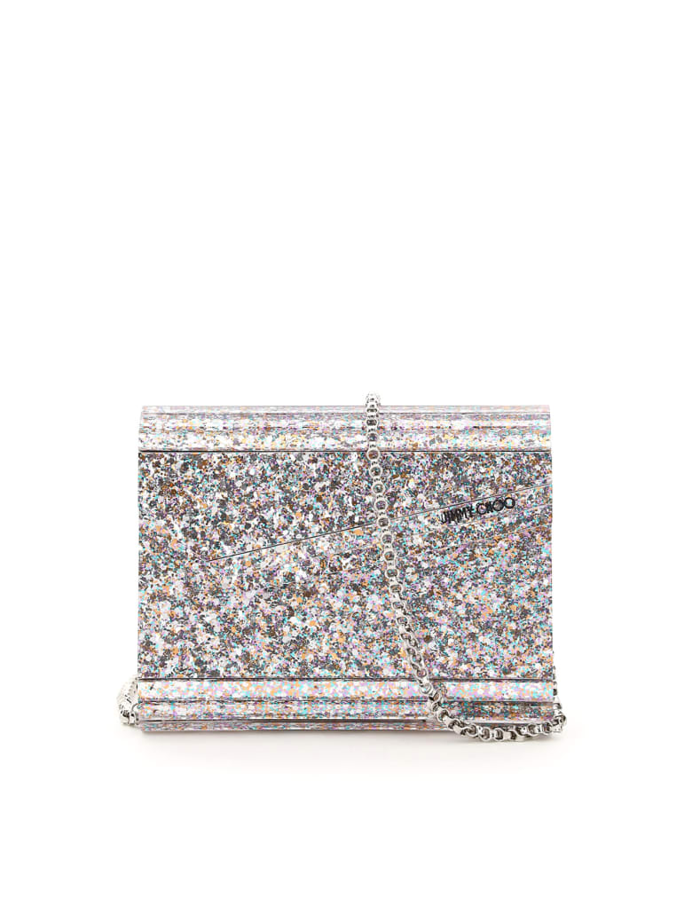 Jimmy Choo Multicolor Glitter Acrylic Candy Clutch - MOCHI (Silver)