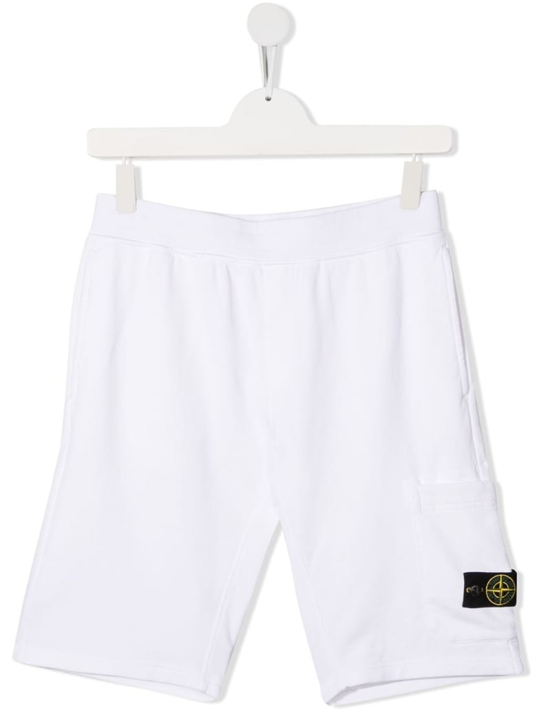 Stone Island Junior White Jersey Bermuda With Logo Patch - White