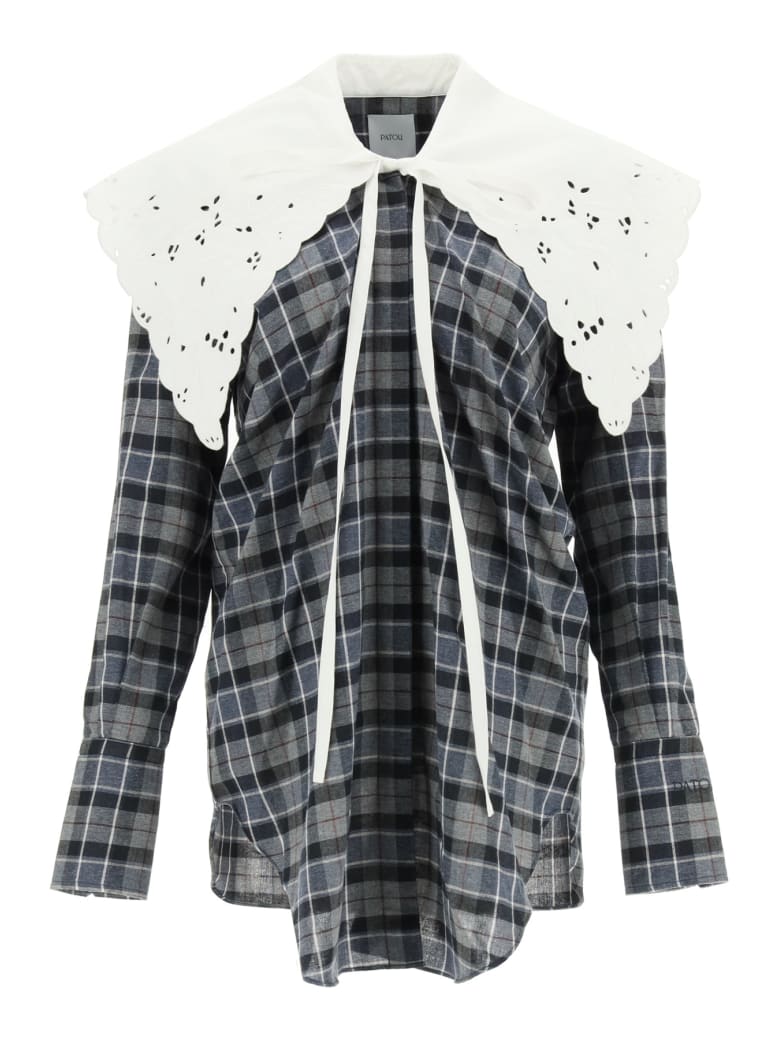 Patou Tartan Shirt With Embroidered Poplin Collar - BOARDING CHECK (Grey)
