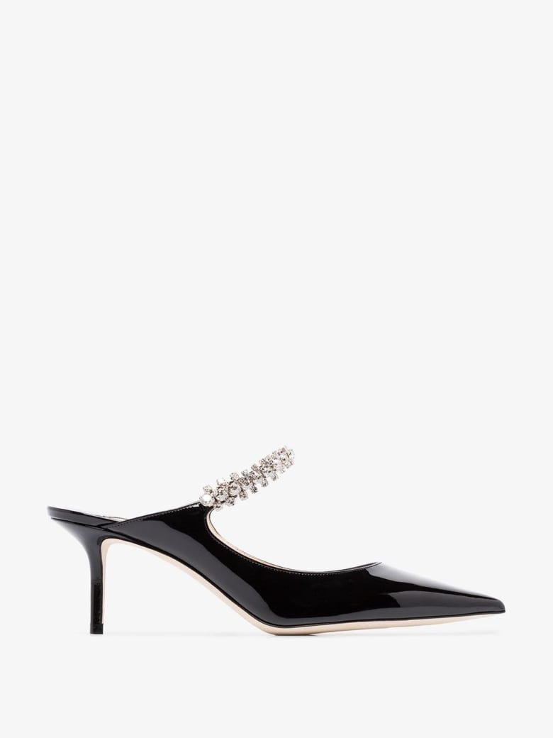 Jimmy Choo Black Patent Leather Mules With Crystal Strap - Black