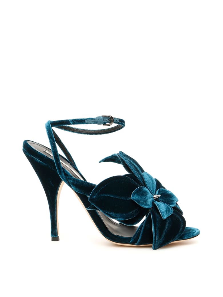 Marco de Vincenzo Velvet Sandals With Flower - PETROLEUM (Green)
