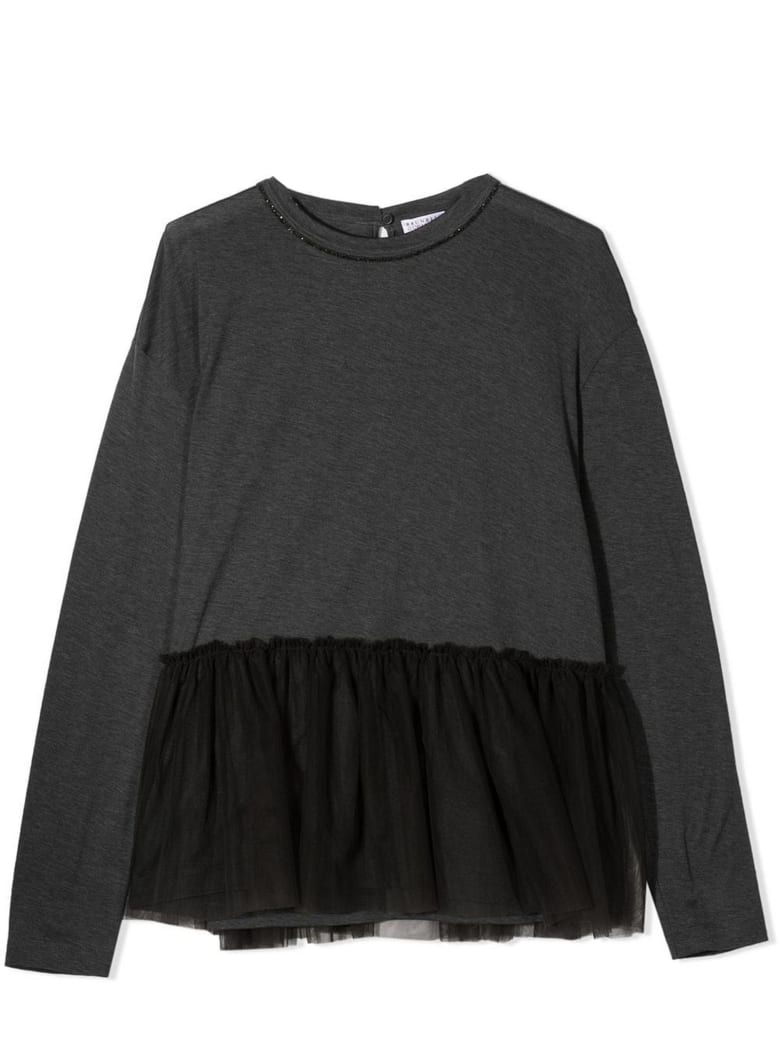 Brunello Cucinelli Grey Cotton Tulle Panel Blouse - Grigio