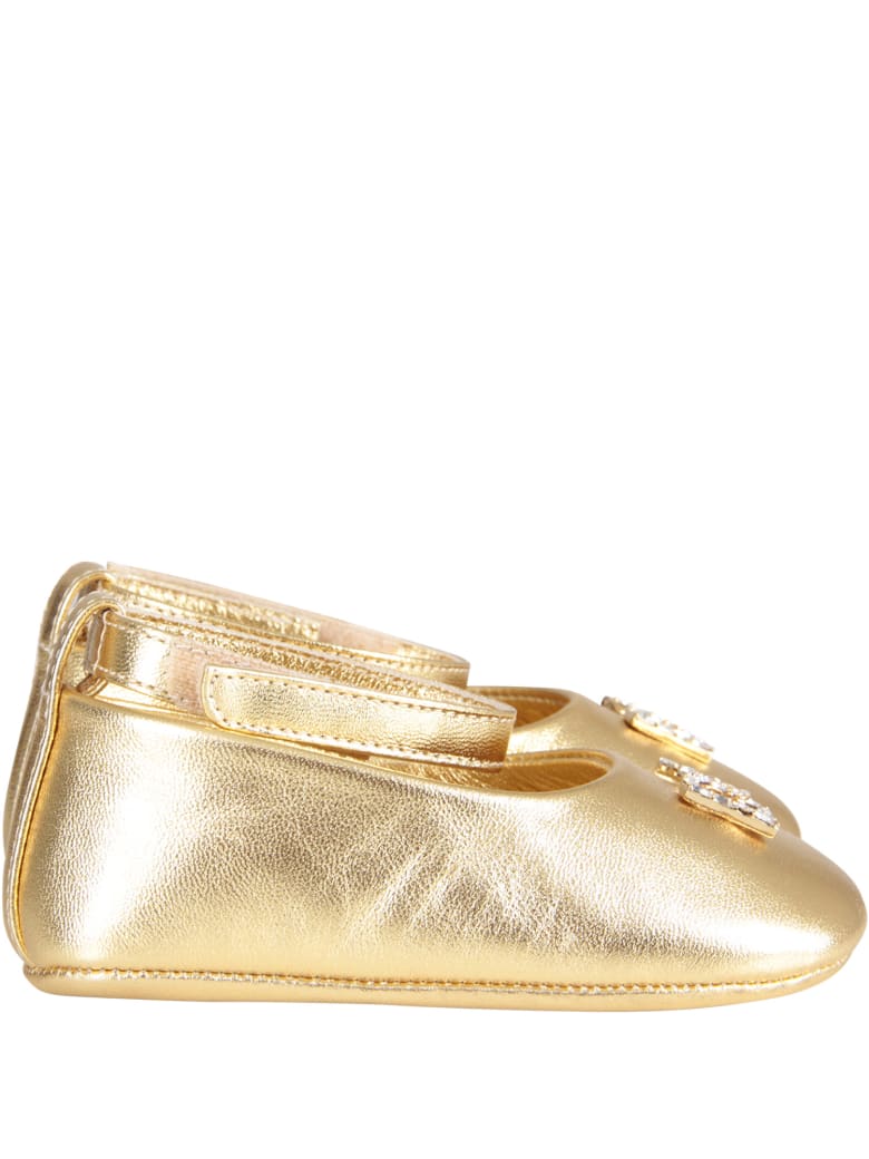 Dolce & Gabbana Gold Ballerina Shoes For Babygirl With Metallic Logo - Gold