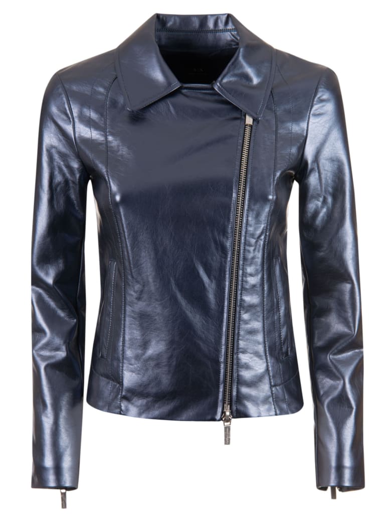 Armani Collezioni Zipped Biker Jacket - Metallic Navy