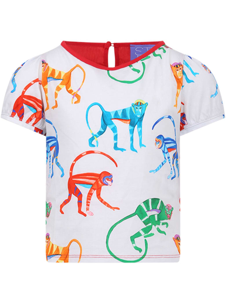 Stella Jean White And Red T-shirt For Girl With Colorful Monkeys - White