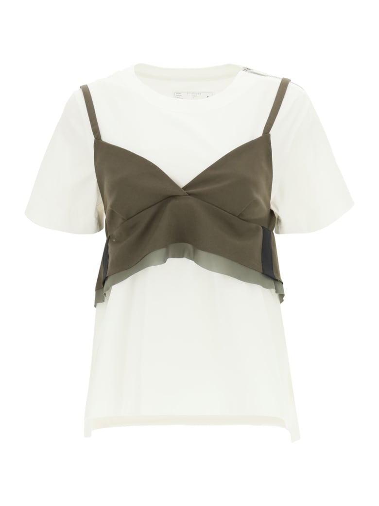 Sacai T-shirt With Wool Blend Top - Khakiwhite