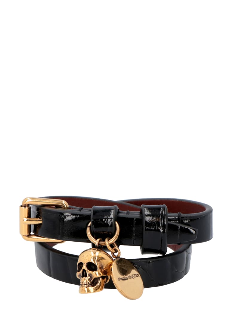 Alexander McQueen Leather Bracelet With Metal Logo Pendant And Skull - black