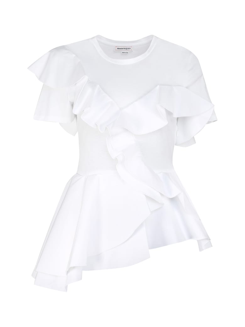 Alexander McQueen Asymmetric Ruffle Detail T-shirt - Optical white
