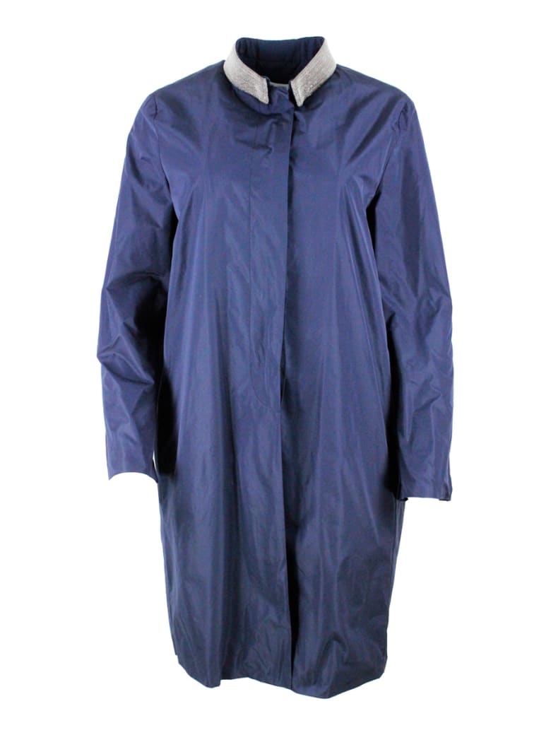 Fabiana Filippi Light Nylon Coat With Button Closure And Jewels On The Collar - Blu