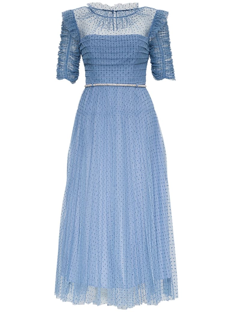 self-portrait Long Dress In Light Blue Polka Dottulle - Light blue
