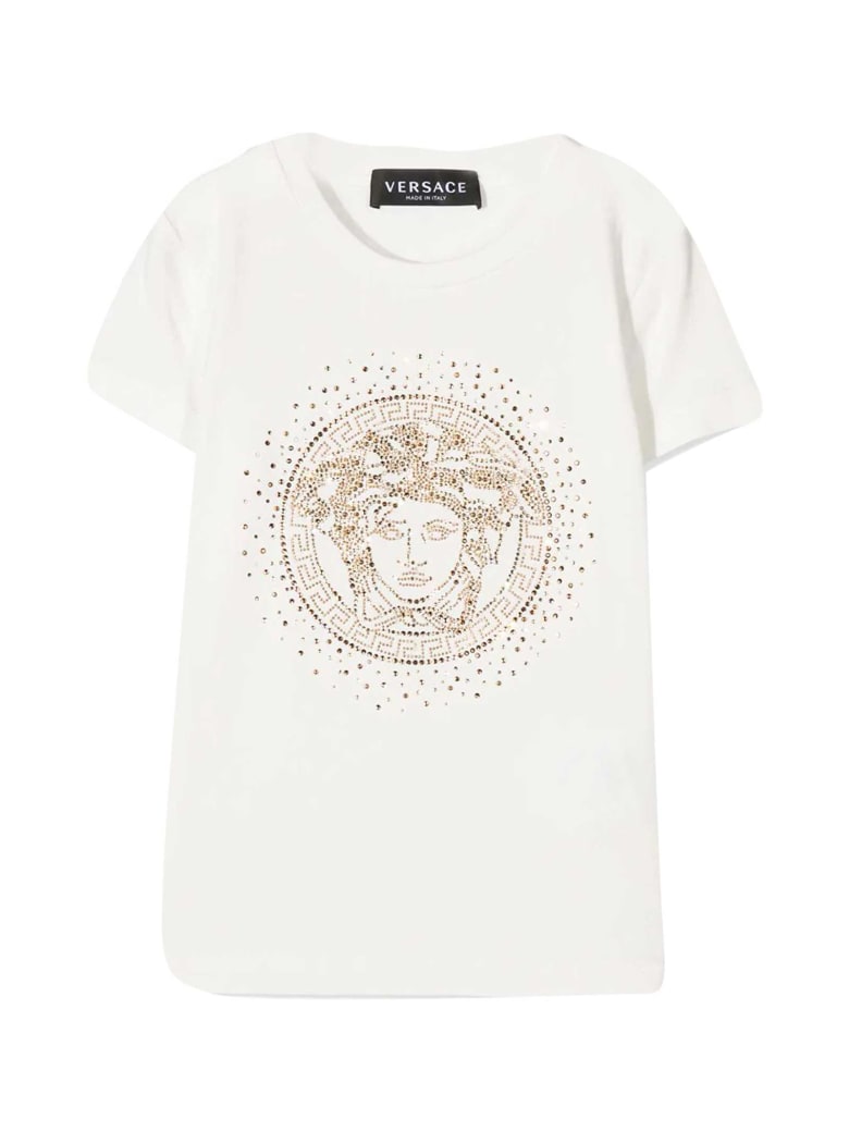 Young Versace White T-shirt With Golden Print - Bianco/oro