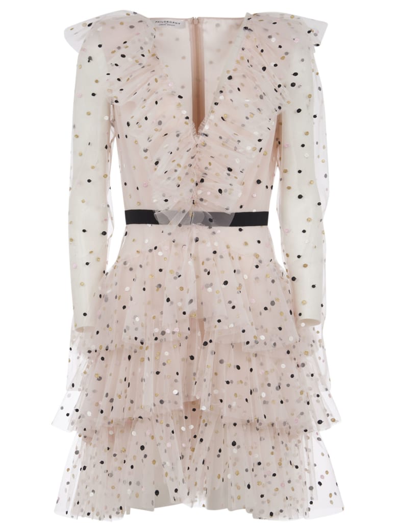 Philosophy di Lorenzo Serafini V-neck Dotted Print Back Zip Dress - Pink/Black