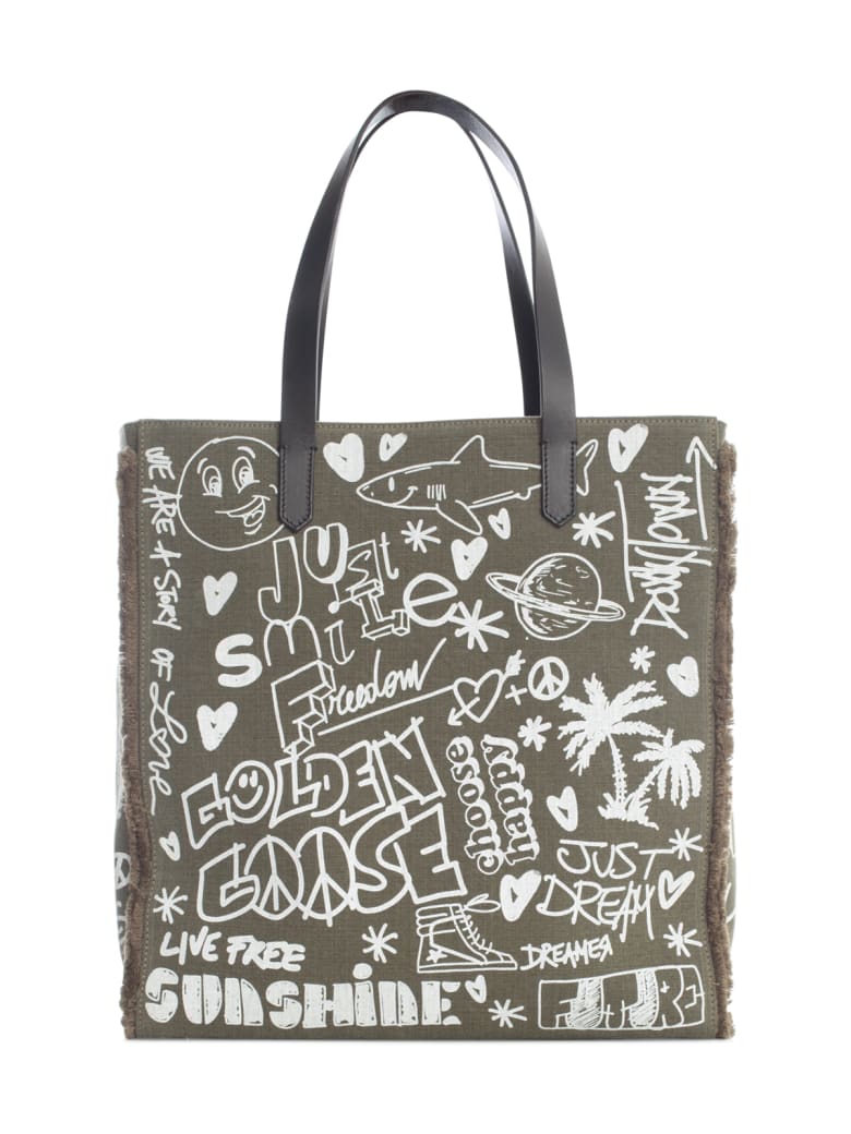 Golden Goose California Bag N-s "journey" Washed Kuroki Body Leather Handles Serigraph - Lichen Green White