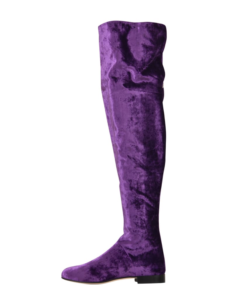purple knee high flat boots