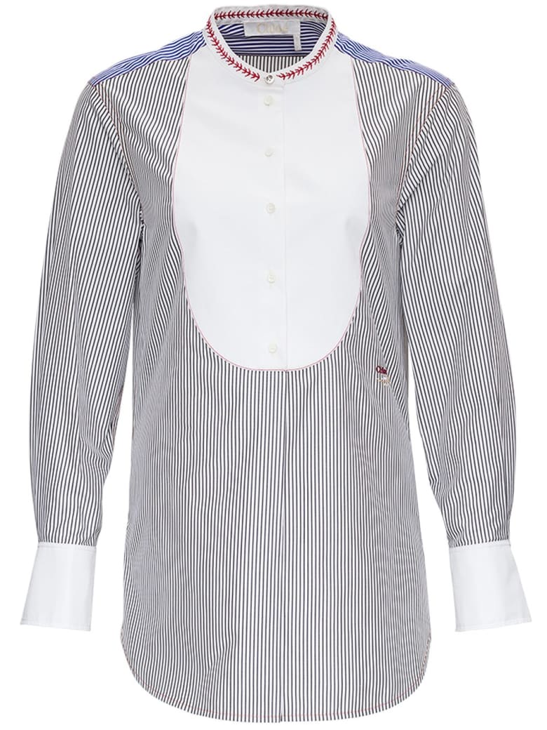 Chloé Striped Cotton Shirt With Contrasting Bib - Blu