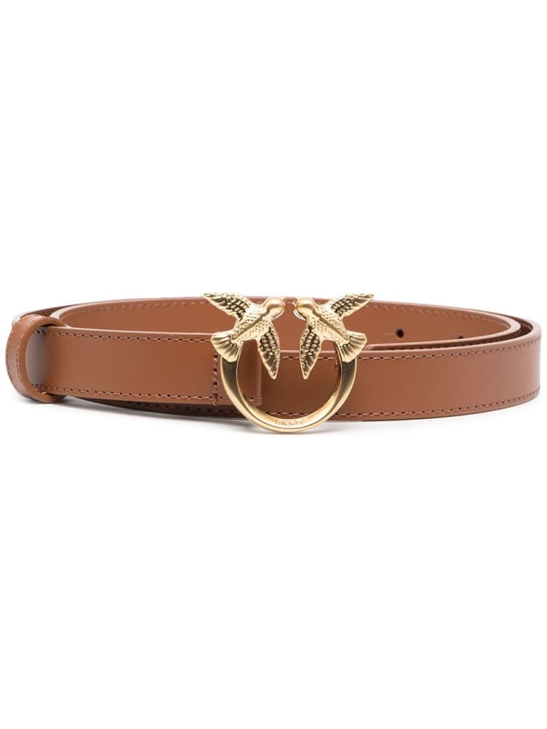 Pinko Love Berry Belt In Brown Leather With Logoed Buckle - Cuoio