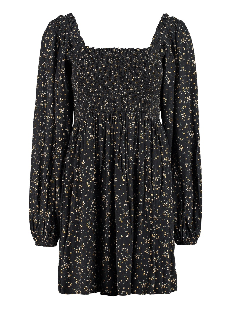 Ganni Floral Printed Flared Dress - black