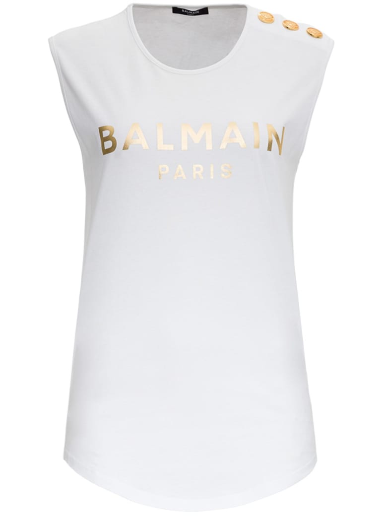 Balmain Tank Top With Metallic Logo Print - White