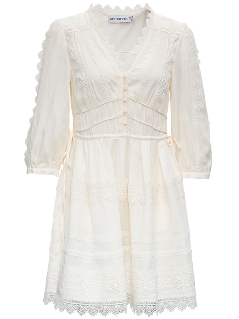 self-portrait Viscose Twill Dress With Lace Inserts - White