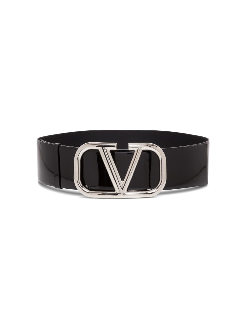 Valentino Garavani V Logo Patent Leather Belt - Black