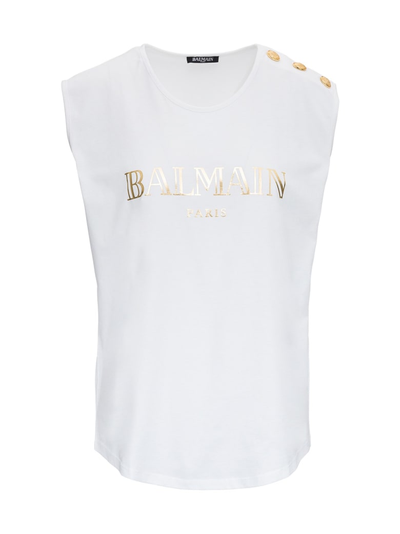 Balmain Cotton Tank Top With Metallic Logo Print - White