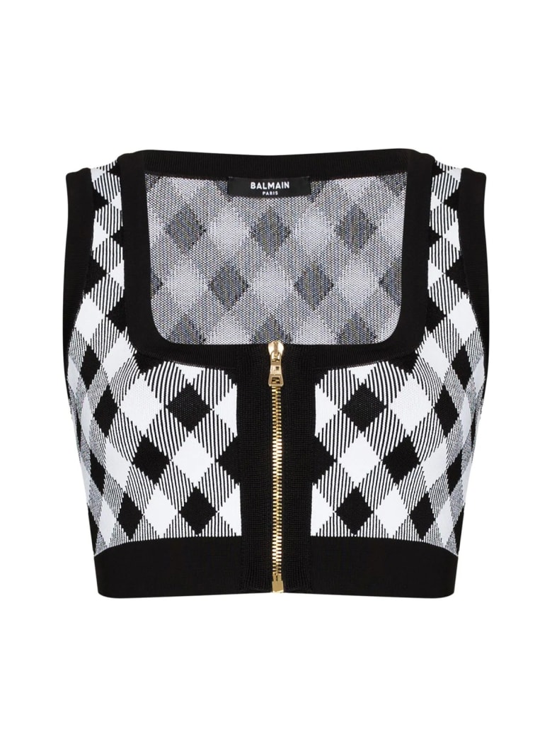 Balmain Cropped Zipped Gingham Jacquard Top - Eab Noir Blanc