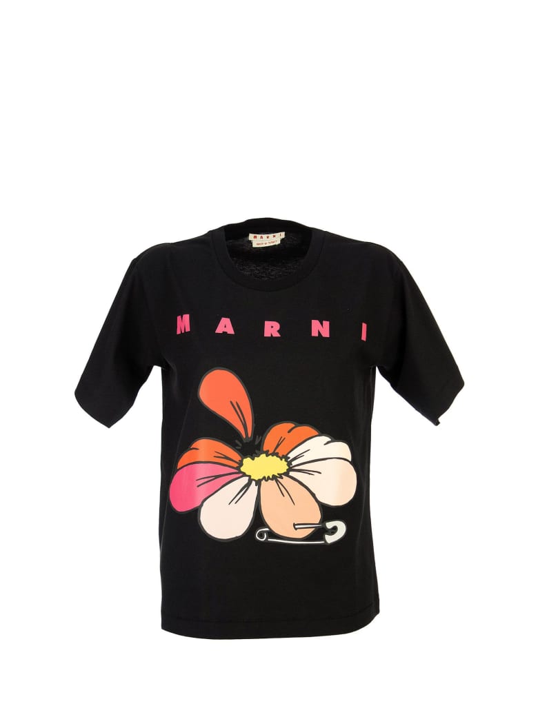 Marni Cotton Jersey Oversized T-shirt With Marni And Flower Print - Black